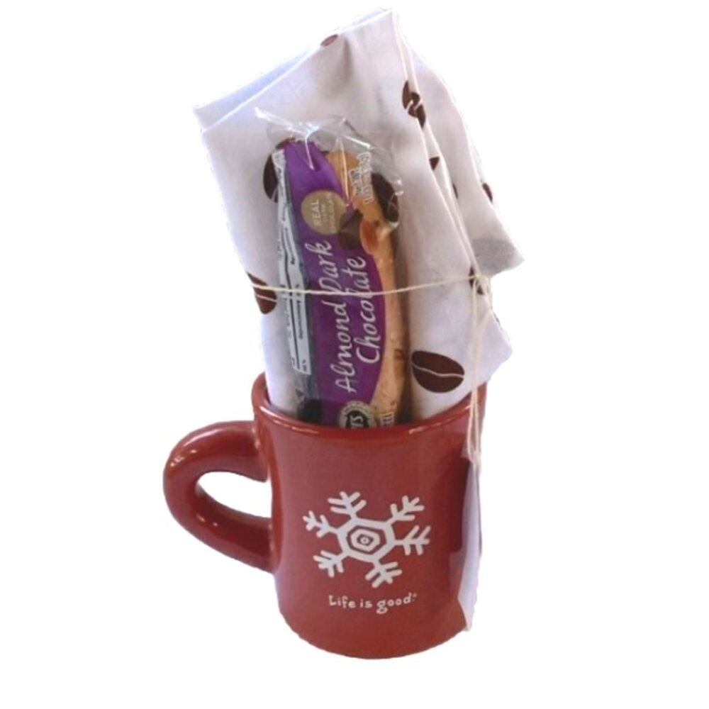 LIFE IS GOOD Orange White Snowflake Coffee Mug Towel Biscotti Gift Set